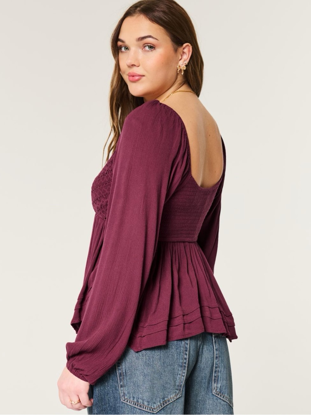 NWT burgundy Hollister Co. Easy Lace Bust Babydoll Top long sleeve - Picture 2 of 6